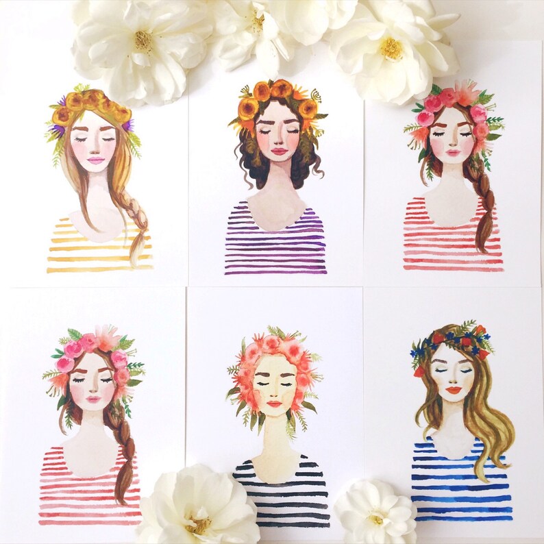 Print of Purple Flower crown girl watercolor painting. Etsy