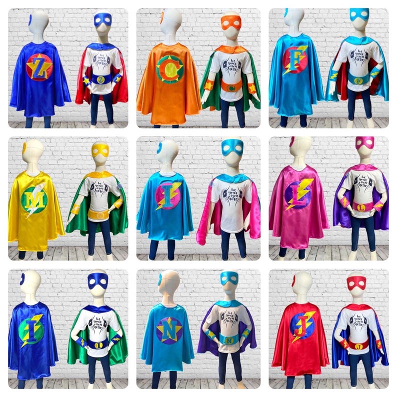 May include: Nine sets of superhero costumes for kids, each set includes a cape, a t-shirt, and a mask. The capes are in various colors, including blue, yellow, orange, pink, and red. The t-shirts are white with a graphic of a lightning bolt and the text "I'm Super" on them. The masks are blue and have a yellow lightning bolt design.