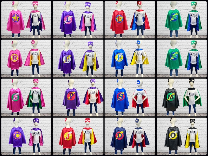 Peut inclure: Un ensemble de 10 capes de super-h&eacute;ros pour enfants, chacune avec une lettre et une couleur diff&eacute;rentes. Les capes sont en satin et ont un motif d'&eacute;clair. Les capes sont parfaites pour les jeux de r&ocirc;le et ne manqueront pas de faire se sentir comme un super-h&eacute;ros &agrave; tout enfant.