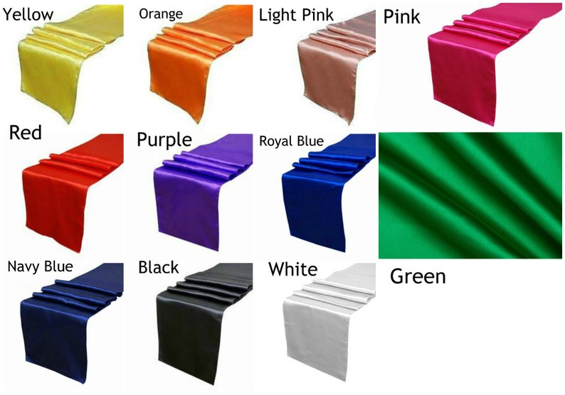 May include: A collection of satin table runners in various colors, including yellow, orange, light pink, pink, red, purple, royal blue, green, navy blue, black, and white. Each runner is folded and displayed to showcase its texture and color.