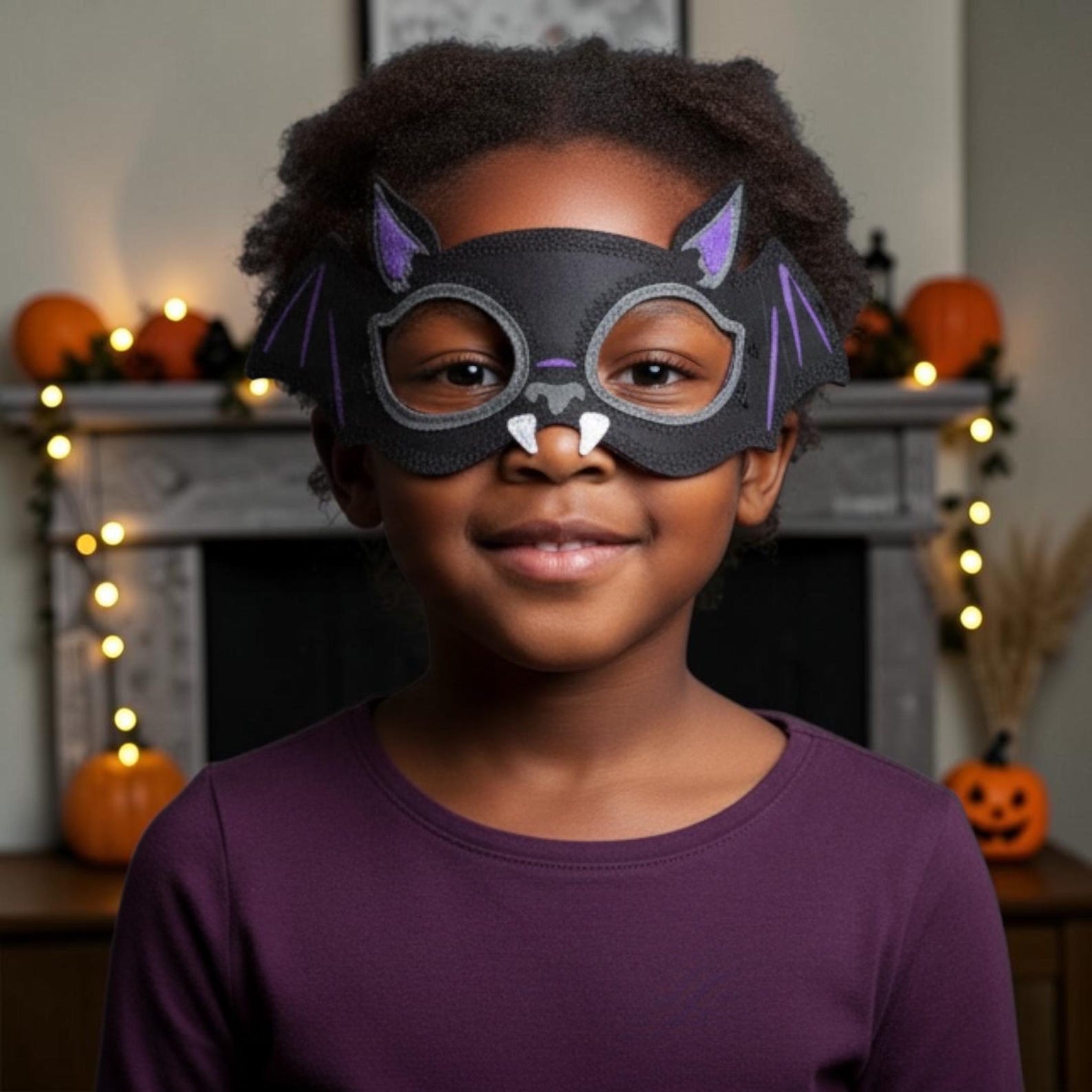 Black and purple bat-shaped felt eye mask.