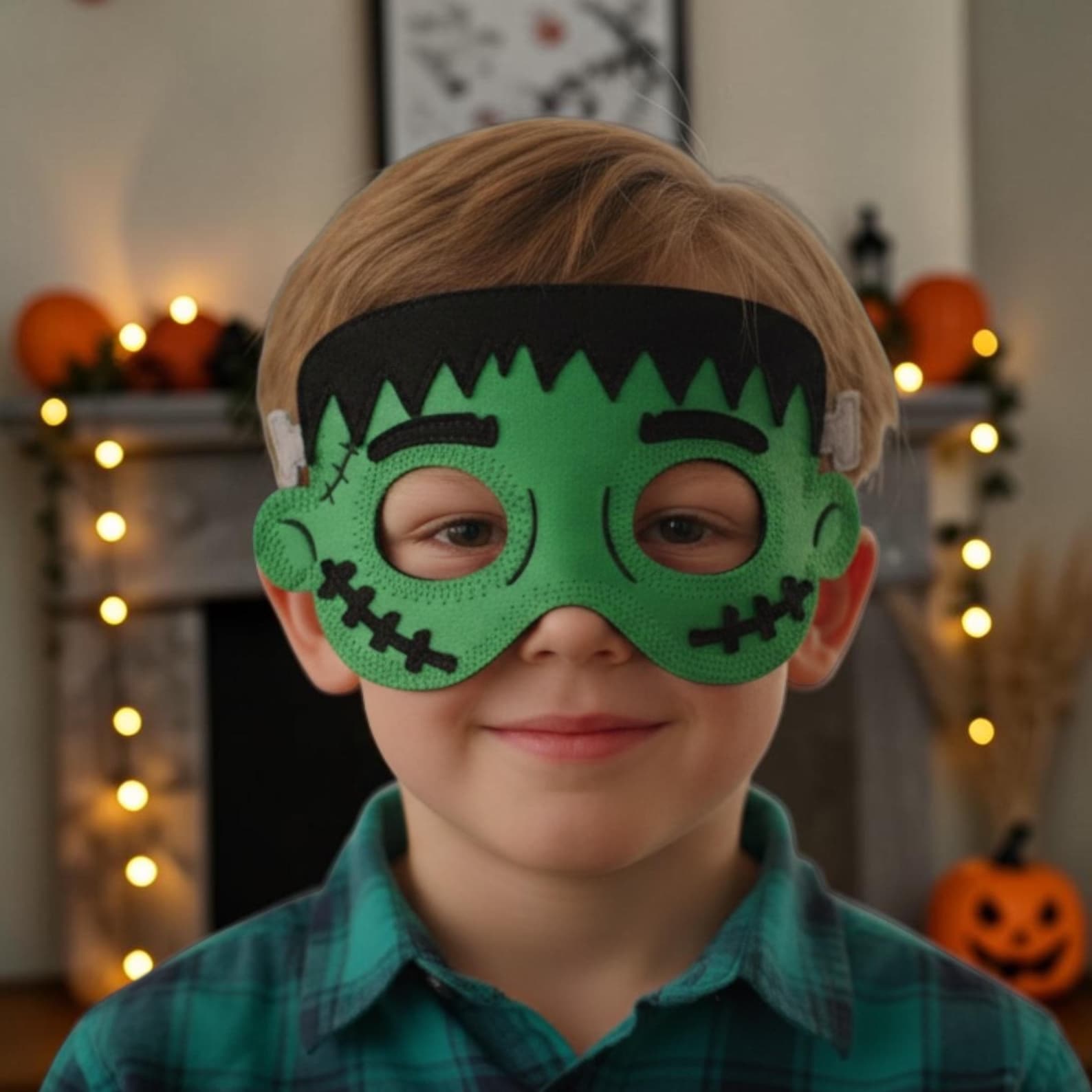 Green Frankenstein-inspired felt eye mask with black hair.