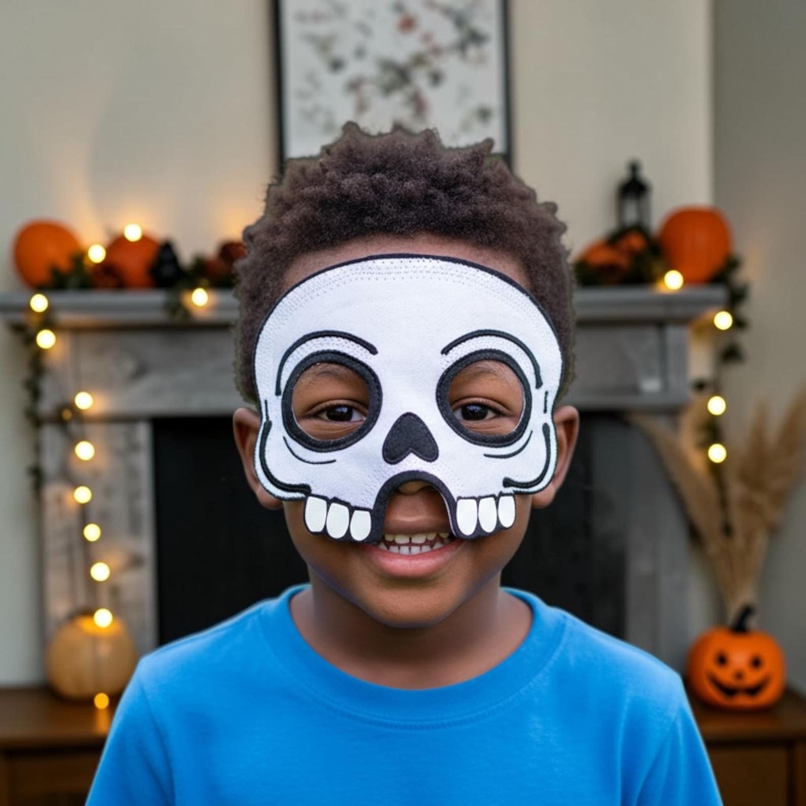 White skull-shaped felt eye mask with dark sockets and teeth.
