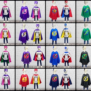 May include: A set of 10 superhero capes and masks for children. Each cape is a different colour and features a letter on the front. The masks are also colour-coordinated with the capes. The capes are made of satin and the masks are made of felt.