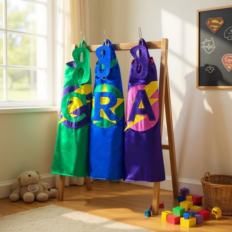 May include: Three colorful superhero capes hanging on a wooden rack. The capes are green, blue, and purple, each with a large letter and a lightning bolt design. A teddy bear and building blocks are in the foreground.