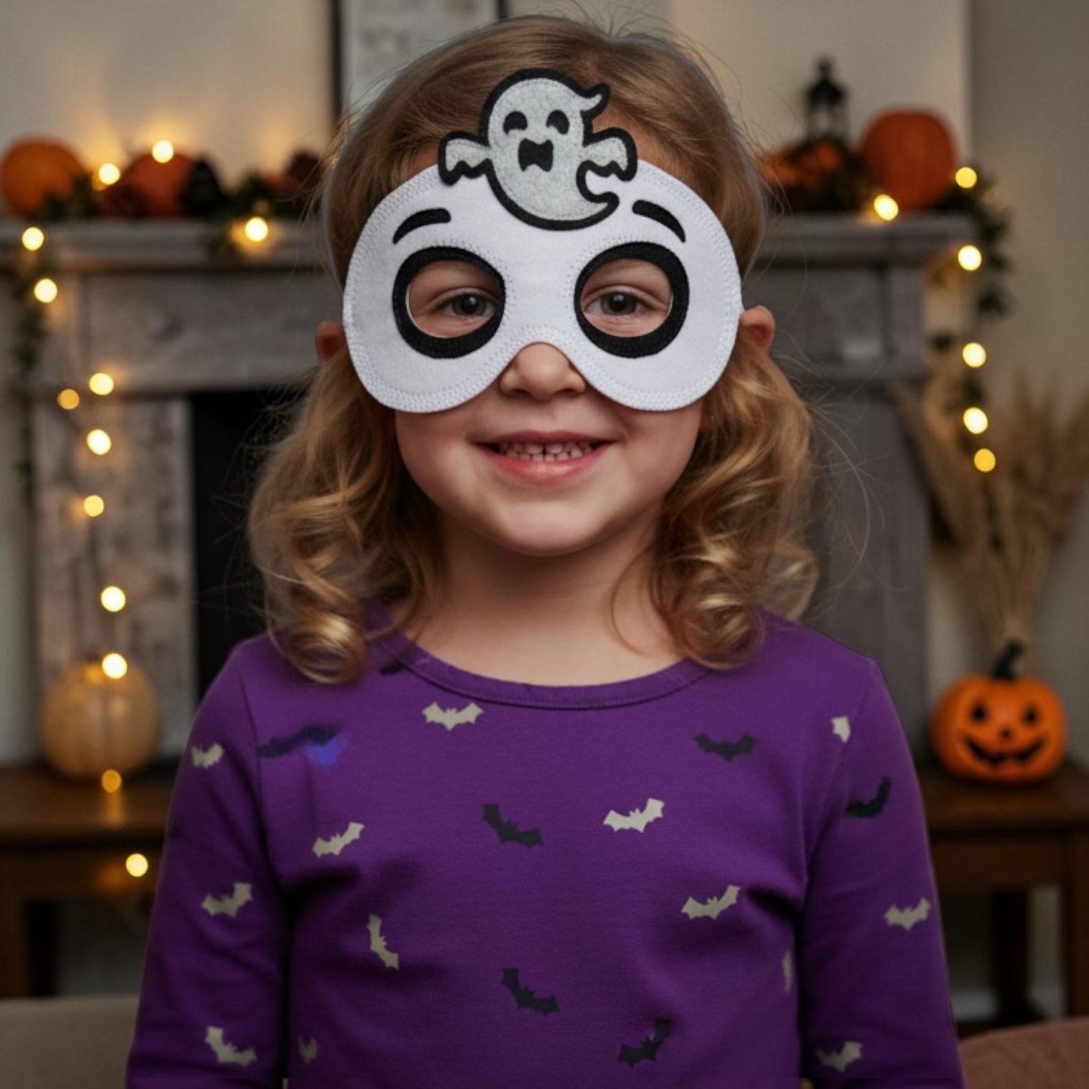 White ghost-shaped felt mask with dark eye outlines.