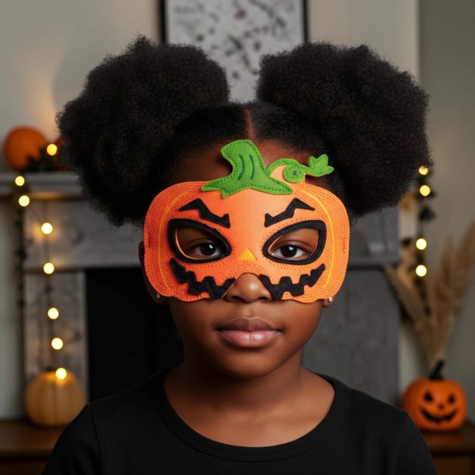 Orange pumpkin eye mask with dark facial details.