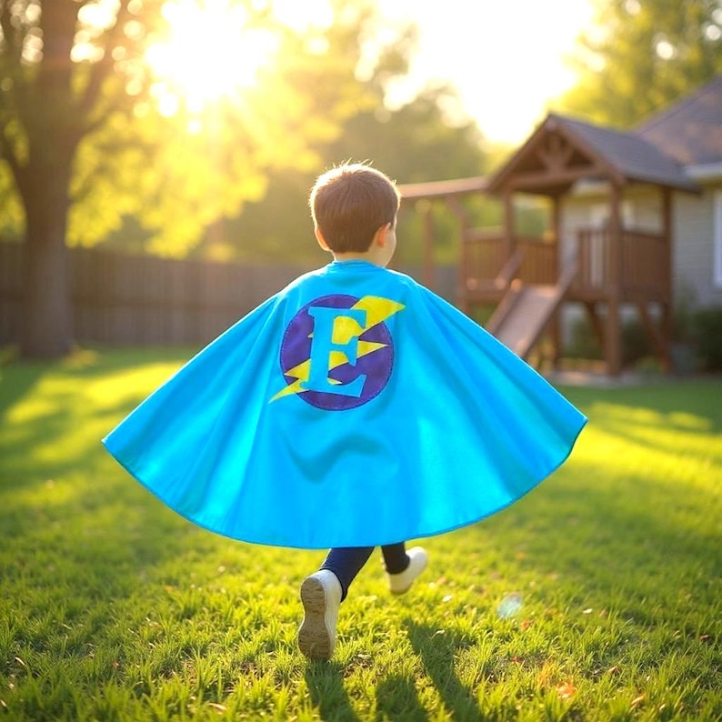 May include: A child wearing a bright blue superhero cape with a large letter "E" and a yellow lightning bolt emblem. The child is running on a green lawn towards a wooden playhouse, with the sun shining brightly in the background.