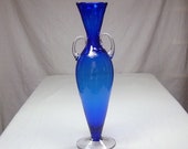Blenko Glass Company Cobalt Blue Blown Urn Vase with Applied Crystal Handles and Base Just under 15 quot Circa 1980 39 s Rare Form