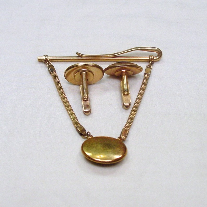 Anson Cufflinks and Tie Bar Set ~ Boxed ~ 120 12KT gold-filled ~ with Ruby Glass cabachons ~ 1960/'s ~ Vintage ~ Excellent!