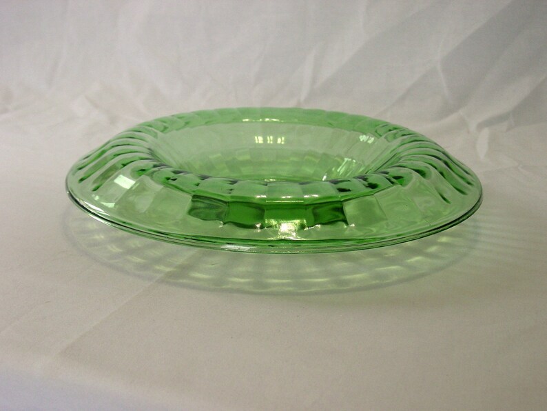 Depression Era ~ Hocking Glass Company ~ Block Optic Pattern ~ Green Console Bowl ~ Rolled Edge ~ 11 34 ~ 1929-1933