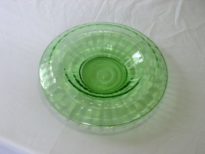 Depression Era ~ Hocking Glass Company ~ Block Optic Pattern ~ Green Console Bowl ~ Rolled Edge ~ 11 34 ~ 1929-1933