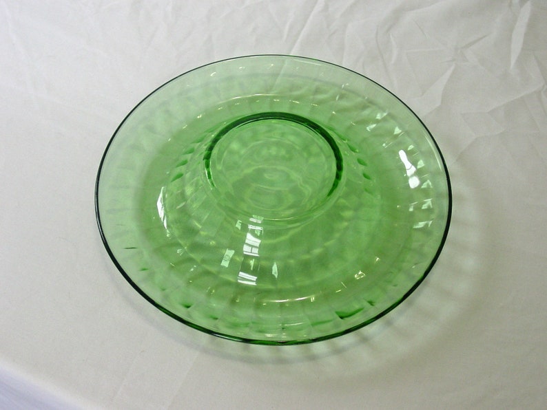 Depression Era ~ Hocking Glass Company ~ Block Optic Pattern ~ Green Console Bowl ~ Rolled Edge ~ 11 34 ~ 1929-1933