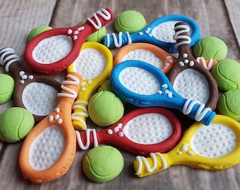 10 Edible sugar paste rackets 10 Tennis Balls Decorations cakes cupcakes toppers