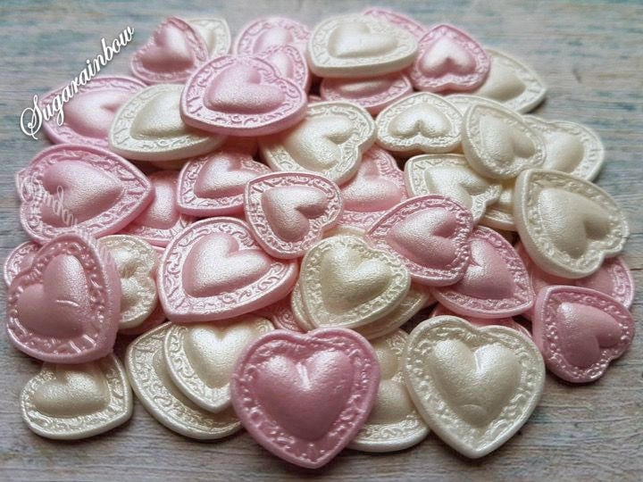 50 Edible Sugar Decorations Hearts Baby Shower Christening Baptism