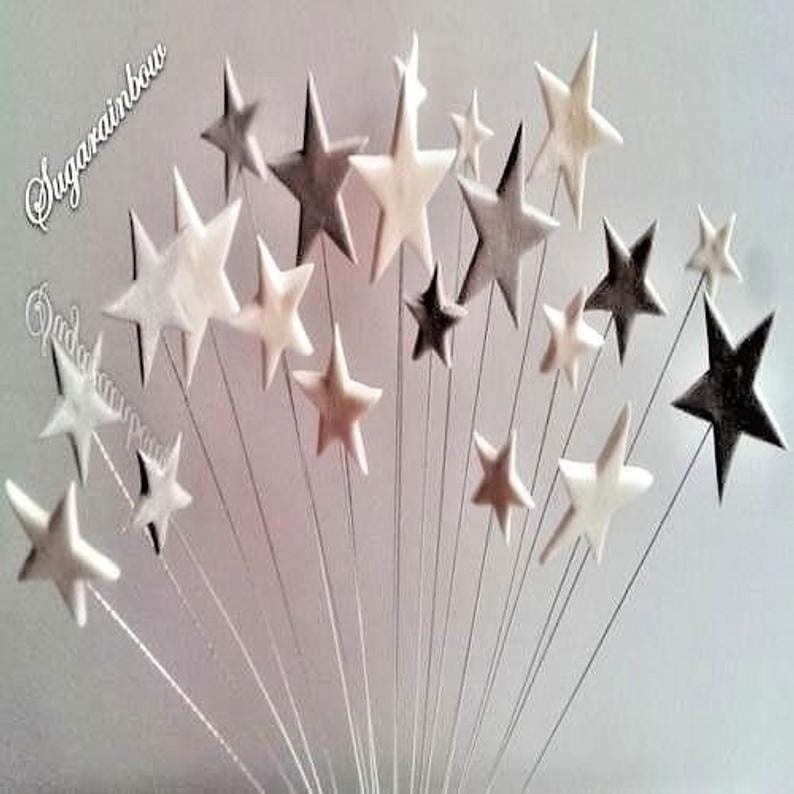 24 Edible Sugar Fondant Stars On Wires Cake Cupcake Topper