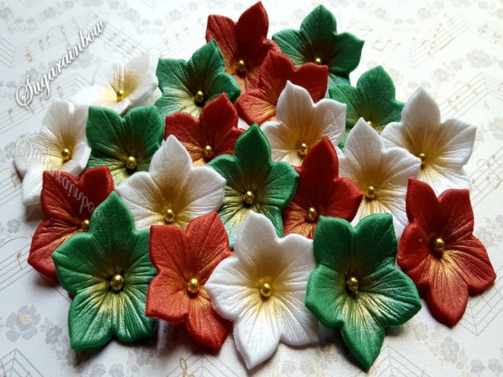 20 edible sugar petunia christmas flowers decorations cake cupcake toppers christmas greenredwhite airbrushed - White Christmas Flower Decorations 20 edible sugar petunia christmas flowers decorations cake cupcake toppers christmas greenredwhite airbrushed - White Christmas Flower Decorations