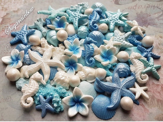 71 Edible sugar cake decorations shells sea horse starfish ...