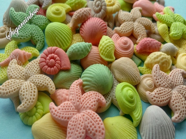 80 Edible Sugar Cake Decorations Shells Sea Stars Cake