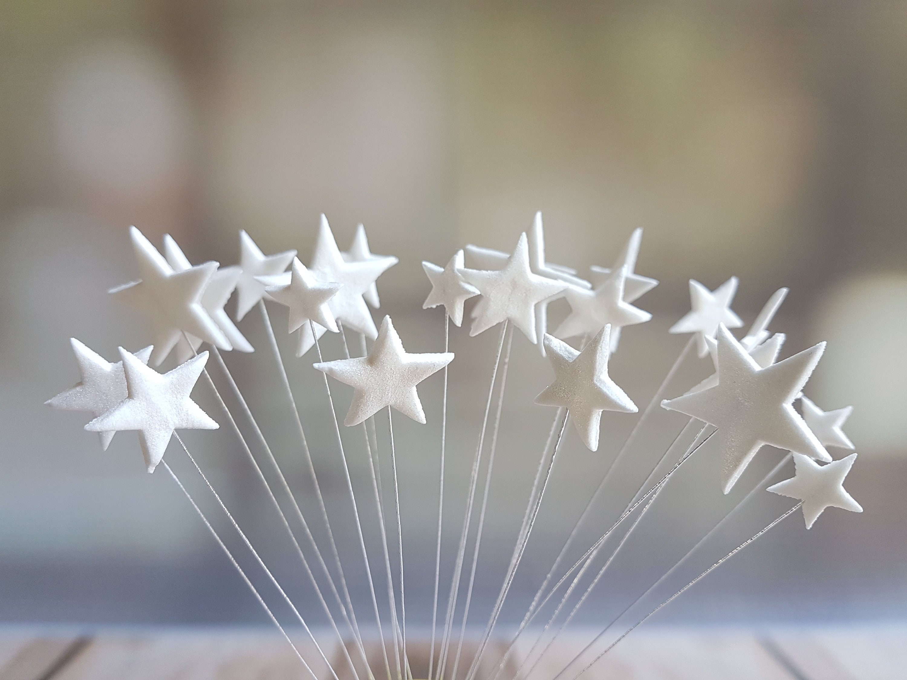 24 Edible Sugar Paste Fondant Stars On Wires Wired Stars White