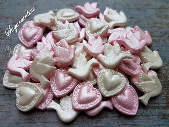 50 Edible Sugar Decorations Hearts Doves Baby Shower Etsy