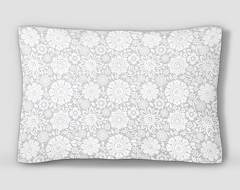 Floral Pillow Sham, White Pillowcase, Flower Bed Pillow, Pattern Pillow Cover, White Grey Pillow, King Pillow Sham, Standard Size Pillow