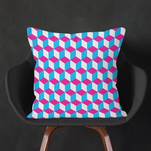Geometric Cushion, Pink Blue White Pillow, Modern Decorative Pillow, 16x16 18x18 20x20 26x26, 3D Pattern, Squares Throw Pillow Cover image 1