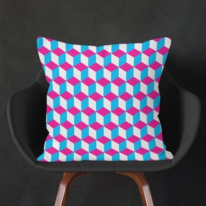 Geometric Cushion, Pink Blue White Pillow, Modern Decorative Pillow, 16x16 18x18 20x20 26x26, 3D Pattern, Squares Throw Pillow Cover