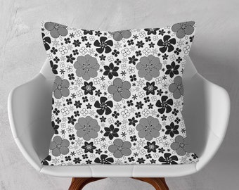 Floral Throw Pillow, Black White Cushion, Decorative Pillow, Modern Cushion Cover, Pillow Case, 16x16 18x18 20x20, Flowers Accent Pillow