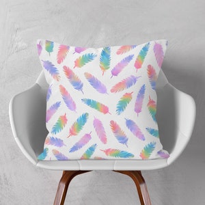 Feathers Cushion, Bohemian Pillow, Colorful Throw Pillow, Boho Decorative Pillow, Feathers Cushion Cover, 16x16 18x18 20x20, White Purple