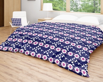 Navy Blue and Pink Floral Pattern Bedding, available in Duvet Cover or Comforter, Sizes King Queen and Twin