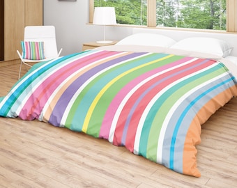 Stripes Duvet Cover, Colorful Bedding, Modern Bedspread, King Queen Twin, Size, Striped Comforter, Candy Stripes Bed Cover, Pink Green