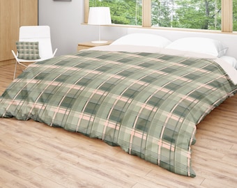 Green Duvet Cover, Plaid Bedding, Checkered Bed Cover, King Queen Full Twin Size, Moss Green Pink Coverlet, Green Tartan Comforter Cover