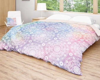 Colorful Bohemian Bedding, Pink & Blue Duvet Cover or Comforter, Boho Style Bed Cover, King Queen Twin Sizes