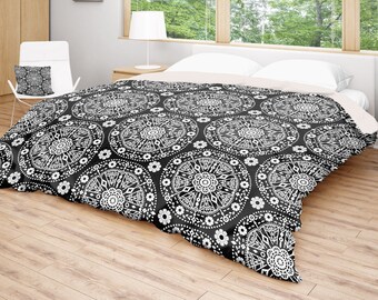 Black White Bedding, Boho Duvet Cover, Bohemian Bedding, Black Bed Cover, Pattern Comforter, King Queen Full Twin, Size, Floral Comforter