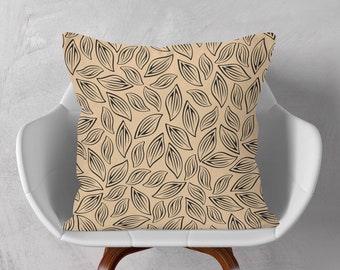 Black Beige Cushion, Tan Cushion Cover, Leaf Patterned Throw Pillow, Leaves Decorative Cushion, Sofa Decor Cushion, 16x18 18x18 20x20