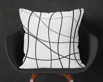 Scribble Lines Modern Abstract Stripe Striped Gray White Pillow Cover