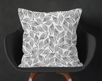 Black and White Pillow, Floral Decorative Pillow Cover, Leaves Cushion, Leaf Patterned Throw Pillow, 16x16 18x18 20x20, White Pillow Case