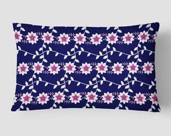 Blue Decor Cushion, Boho Lumbar Pillow, Bohemian Cushion, 14x20 Cushion Cover and Insert, Navy White Pink Flowers, Floral Patterned Pillow