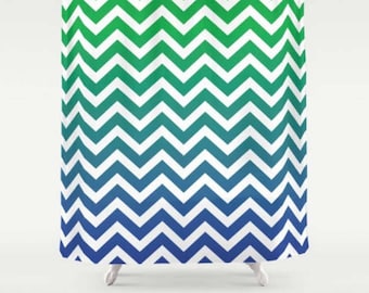 Chevron Shower Curtain, Green Blue White Shower Curtain, Modern Shower Curtain, Zig Zag Shower Curtain, Green Bath Curtain 71x74