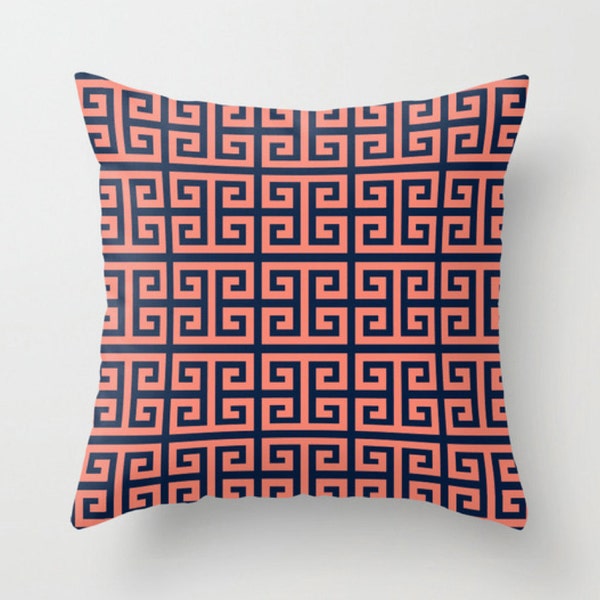 Navy Coral Cushion, Geometric Pillow, Greek Keys Decorative Cushion, Modern Throw Pillow, 16x16 18x18 20x20, Sofa Decor Accent Pillow