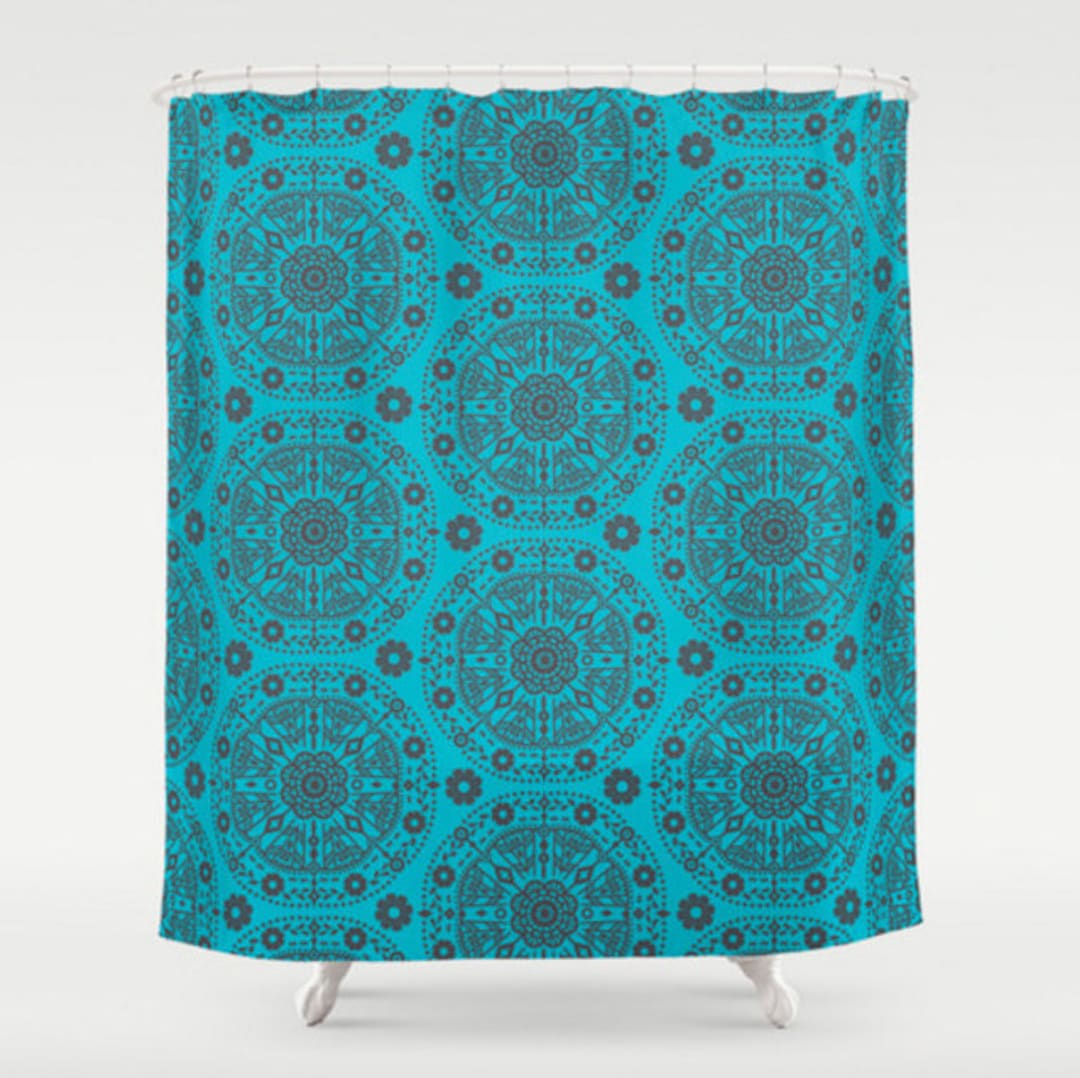 Boho Shower Curtain, Large Shower Curtain, Brown Blue Bath Curtain