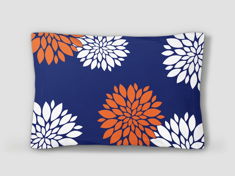 Blue Orange Pillow, Navy Pillow Sham, Floral Bed Pillow, White Blue
