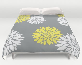 Grey Yellow Duvet, Flower Duvet Cover, Modern Bed Cover, King Queen Full Twin, Size, Gray Duvets, Yellow Duvets, Flower Bedding, Pattern