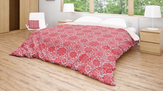 Red Duvet Cover Floral Pattern Duvet Red Grey Bedding Etsy