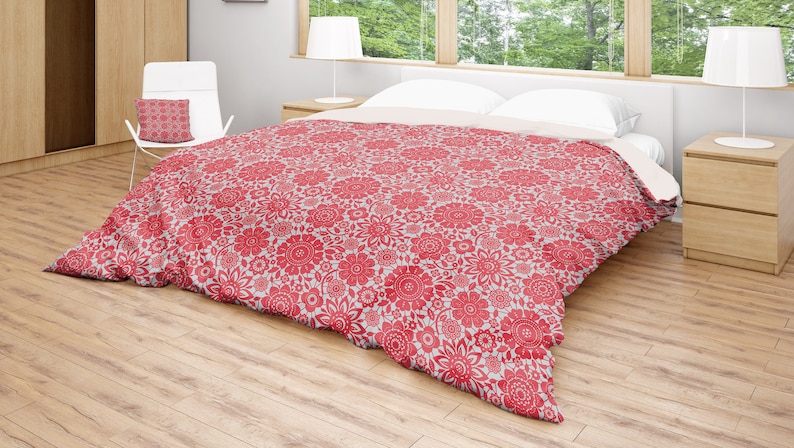 Red Duvet Cover Floral Pattern Duvet Red Grey Bedding Etsy