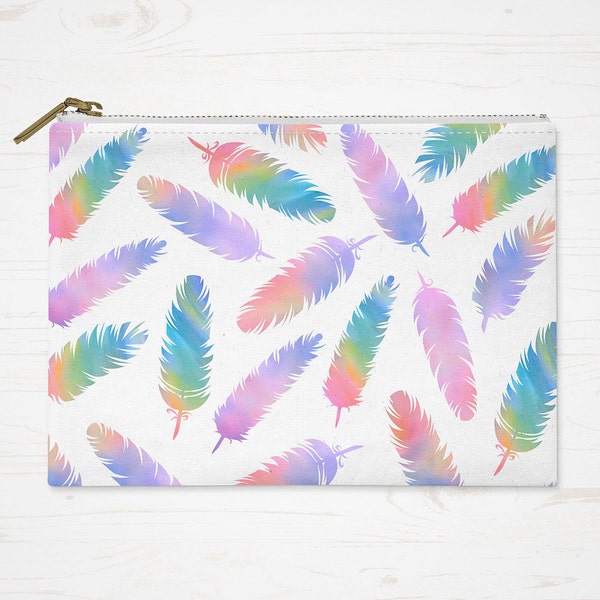 Boho Cosmetic Bag, Bohemian Purse, Accessory Pouch, Modern Colorful Pouch, Large Pencil Case, Small Makeup Bag, Watercolor Feathers