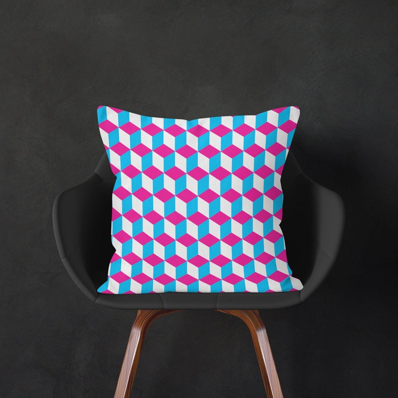 Geometric Cushion, Pink Blue White Pillow, Modern Decorative Pillow, 16x16 18x18 20x20 26x26, 3D Pattern, Squares Throw Pillow Cover image 1