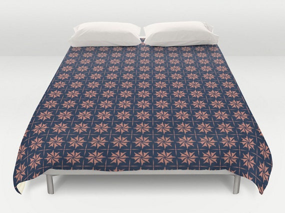 Coral Navy Duvet Navy Duvet Cover Retro Pattern Bedding Etsy