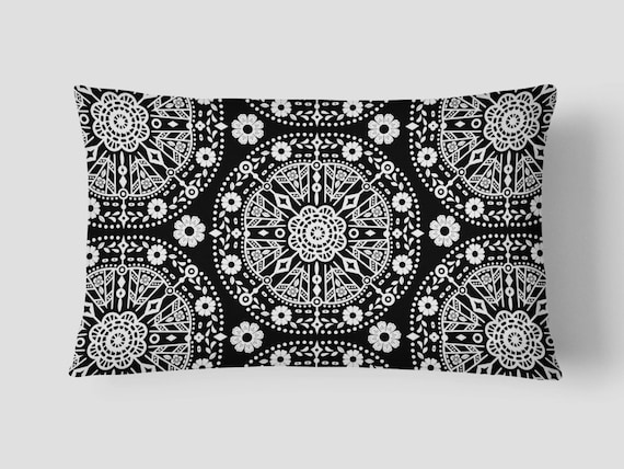 Black Lumbar Pillow Bohemian Pillow Black White Cushion Etsy